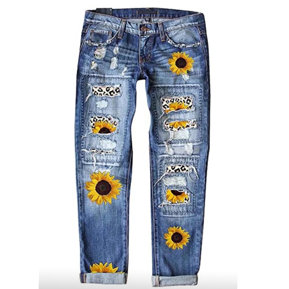 Womens jeans Plaid Patch Ripped Boyfriend Distressed Stretch Skinny Denim Jeans